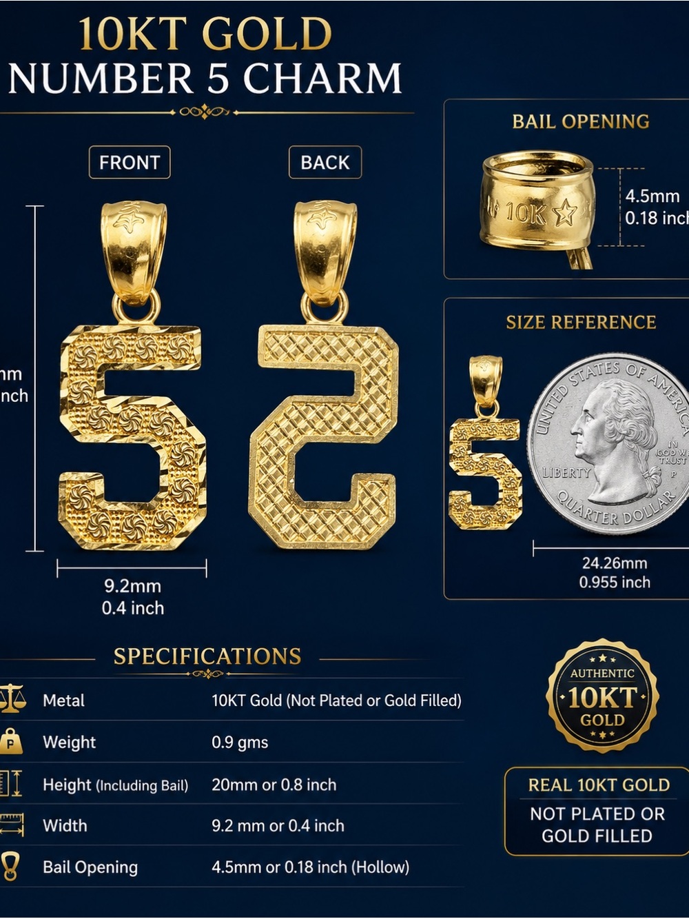 10KT Gold Number 5 Charm Pendant - Gold